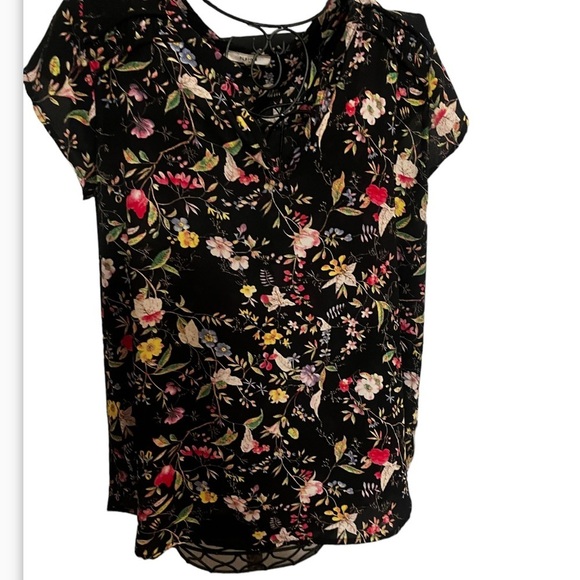 Anthropologie Pleione Shirt Blouse Sz M Multicolor Floral Short Sleeve V Neck - Picture 4 of 8